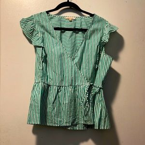 Short sleeve wrap, blouse, seafoam, green, and white striped